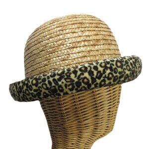 VINTAGE CRAZY SEXY STRAW BOWLER DERBY HAT + ANIMAL PRINT RIM  MEDIUM